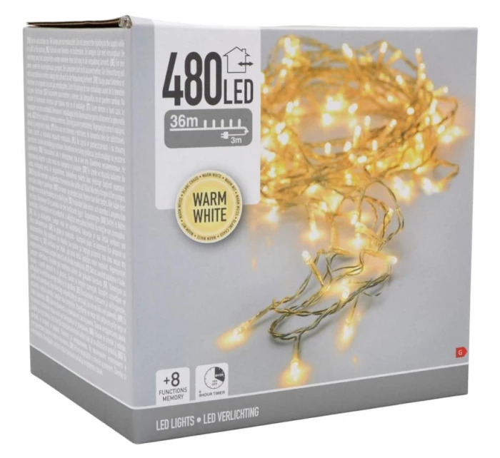 VIANOČNÝ STROMČEK SVETELNÁ REŤAZ 480 VIEDOL ČASOVAČ TEPLÁ BIELA PRIEHĽADNÝ DRÔT