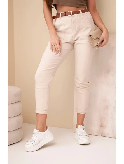 Dámské džíny Skinny s vysokým pasem a páskem model 21998354 béžové - K-Fashion