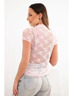 Dámska viskózna čipkovaná blúzka s krátkymi rukávmi a výstrihom candy pink