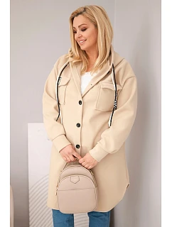 Dámske Plus veľkosť kabát s kapucňou s gombíkom uzavretie tmavo béžová