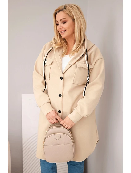 Dámske Plus veľkosť kabát s kapucňou s gombíkom uzavretie tmavo béžová