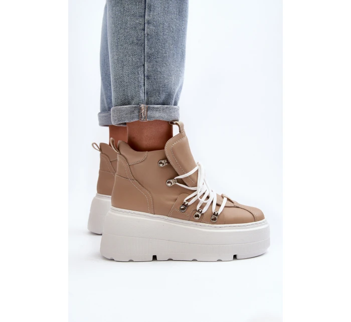 model 21647314 Kožené Dámské Sportovní Boty Beige - Zazoo