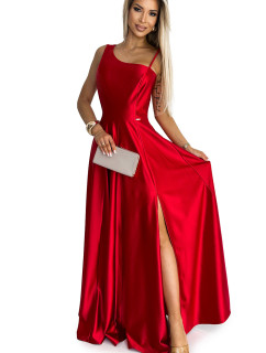 Dlhé elegantné saténové šaty na jedno rameno Numoco - červené