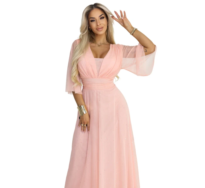 654-4 Dlhé trblietavé šaty nadmernej veľkosti s výstrihom a priehľadnými rukávmi - broskyňové