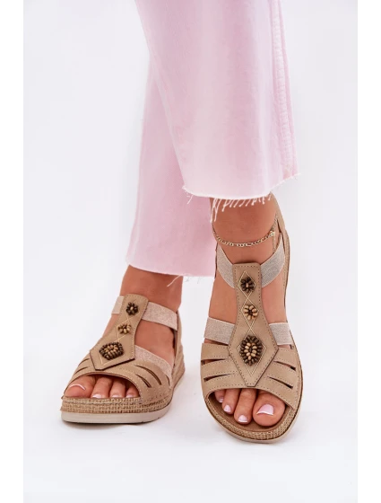 Sandały Damskie Na Koturnie Z Ozdobami Inblu RV000015 Beżowe