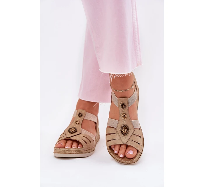Sandały Damskie Na Koturnie Z Ozdobami Inblu RV000015 Beżowe