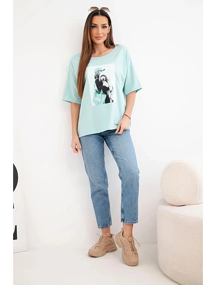 Dámská bavlněná oversize halenka s krátkým rukávem a model 22042980 potiskem tmavě mátová - K-Fashion