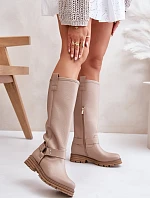 Skórzane Kozaki Damskie Przed Kolano Lewski 3615 Beżowe