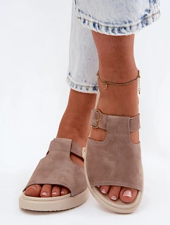 Semišové dámské pantofle na platformě se zlatou přezkou tmavě béžové Zemela