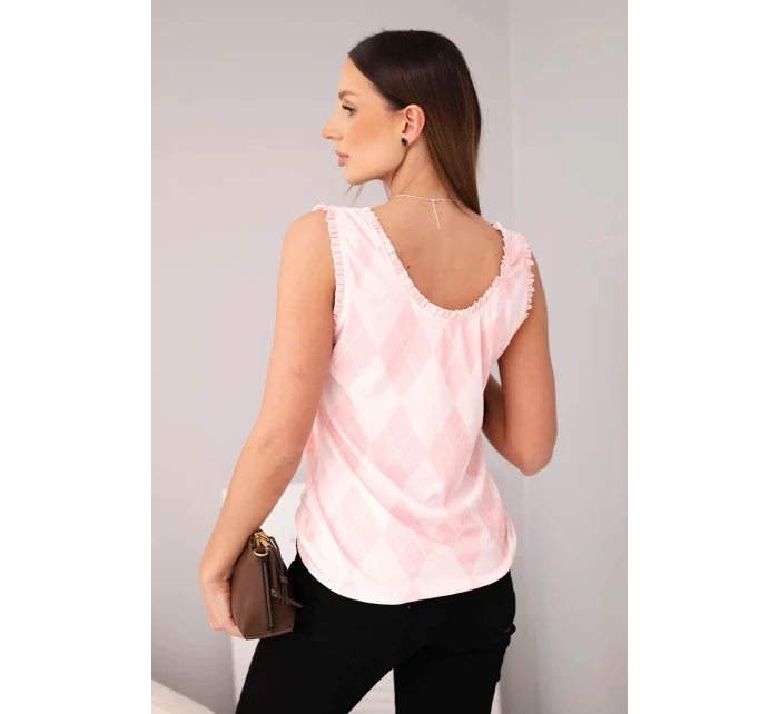 Dámska viskózna blúzka bez rukávov s diamantmi a volánom vo výstrihu púdrovo ružová Dámska viskózna blúzka bez rukávov s diamantmi a volánom vo výstrihu púdrovo ružová