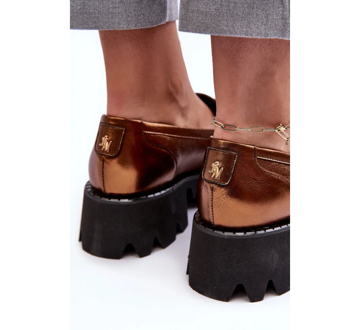 Damskie Skórzane Półbuty Loafersy Z Ozdobą Laura Messi 2699 Złote