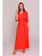 model 21154678 Viskózové maxi šaty se zavinovacím vzorem korálová barva - STYLOVE