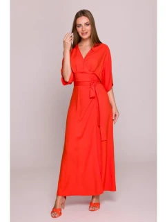 model 21154678 Viskózové maxi šaty se zavinovacím vzorem korálová barva - STYLOVE