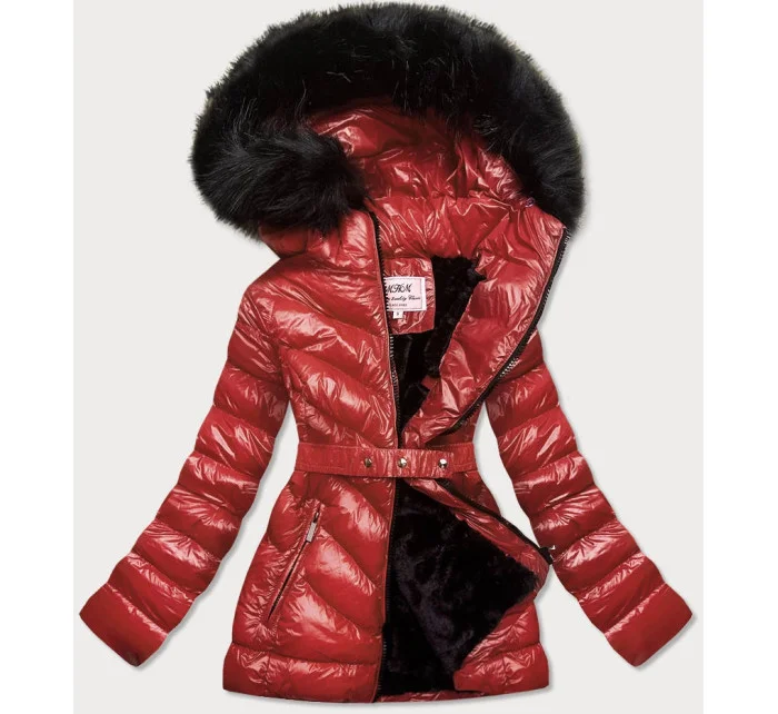 Lesklá zimná bunda v bordovej farbe bordová s mechovou kožušinovou podšívkou (w673)