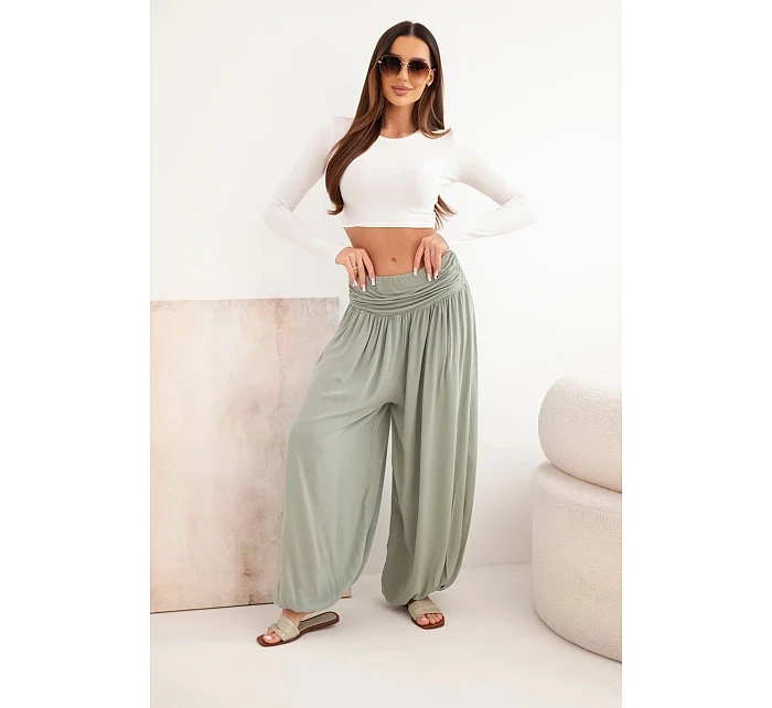 Dámske nohavice z viskózy so širokými nohavicami a khaki pásom