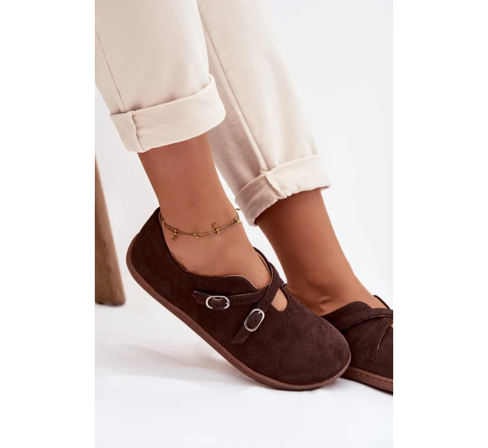 Kožené semišové dámské polobotky s pásky model 21937586 čokoládové - Zazoo