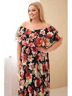 Dámske plus size maxi šaty so španielskym volánom a elastickým pásom čierne