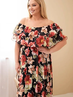 Dámske plus size maxi šaty so španielskym volánom a elastickým pásom čierne