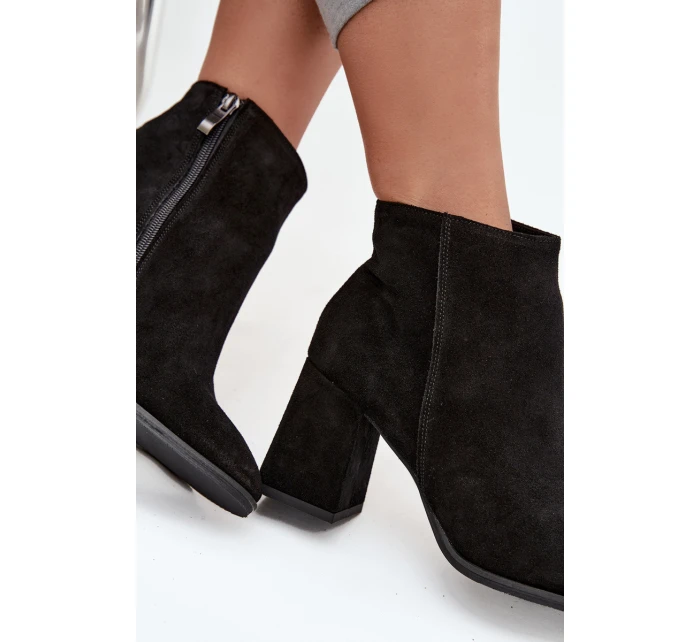 Botki Z Naturalnego Zamszu Obcas Słupek Ocieplane Czarne Zazoo 3128