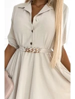 461-1 Košeľové šaty s gombíkmi a zlatým opaskom - BEACH
