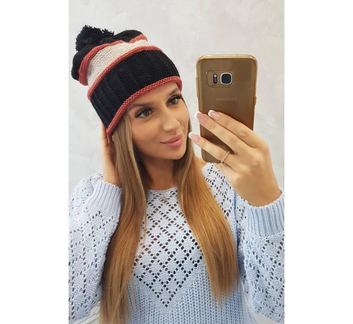 Dámska čiapka Kinga K297 čierna+tmavo ružová+béžová