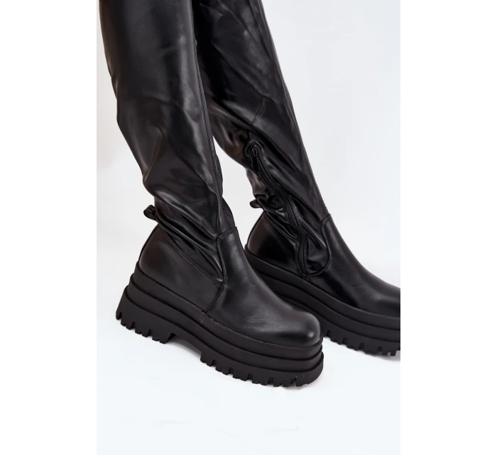 Kozaki Damskie Za Kolano Na Masywnej Platformie Czarne Erisna