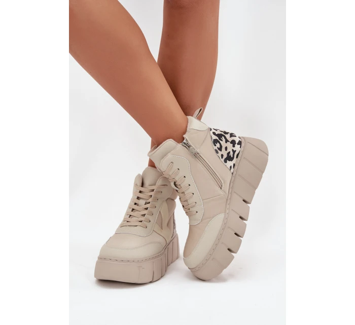 Skórzane Botki Damskie Na Platformie Ocieplane Vinceza 66838 Beżowe