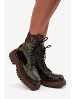 Skórzane Botki  Damskie Na Platformie Maciejka 07104-09 Ciemnozielone