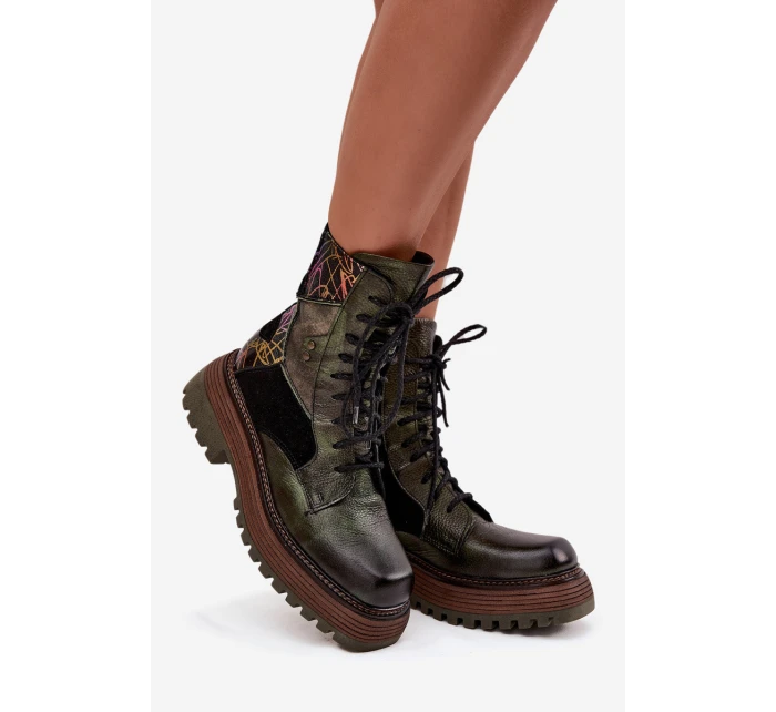 Skórzane Botki  Damskie Na Platformie Maciejka 07104-09 Ciemnozielone