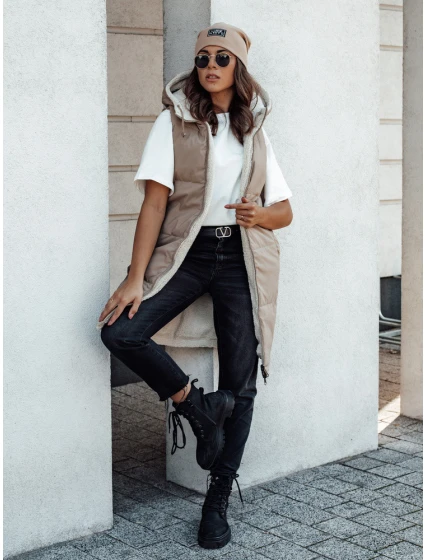 Dámská dlouhá prošívaná vesta s kapucí béžová Dstreet model 21980596 - FashionStreet