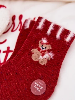 Detské vianočné ponožky s medveďom z alpakovej vlny - červené