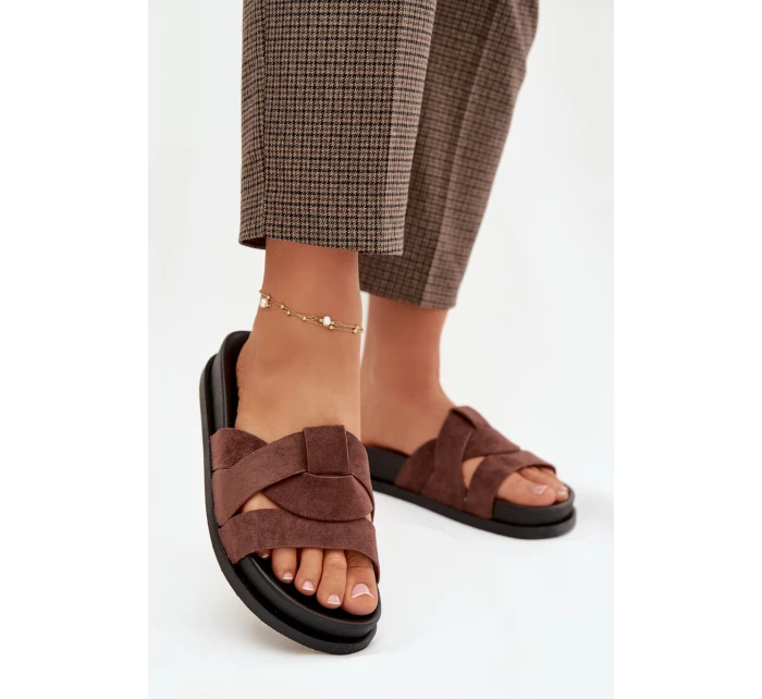 Dámské pantofle Eko semiš s pásky tmavě hnědé Marivessa