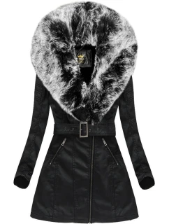 Čierno-sivý kabát z ekokože s kožušinovým golierom Libland (LD-5518)