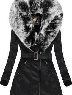 Čierno-sivý kabát z ekokože s kožušinovým golierom Libland (LD-5518)