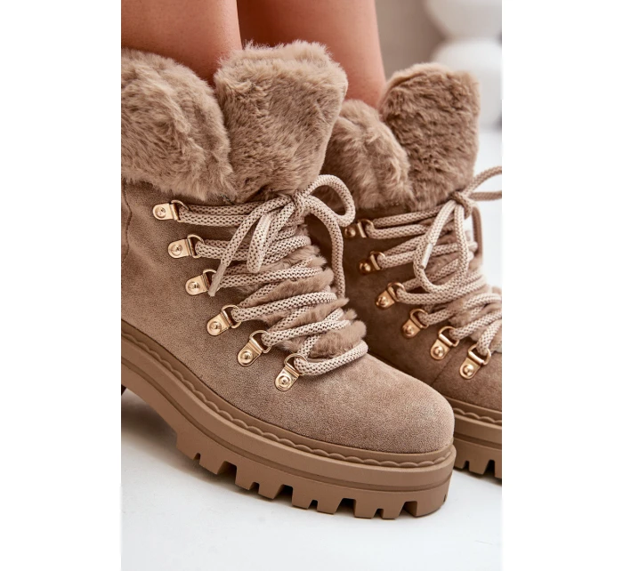 Sznurowane Trapery Damskie Z Futerkiem Ciemnobeżowe Vaminia Sznurowane Trapery Damskie Z Futerkiem Ciemnobeżowe Vaminia