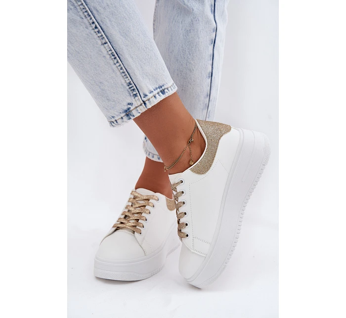 Dámské tenisky na platformě z imitace kůže bílo-zlaté se třpytkami Calinae