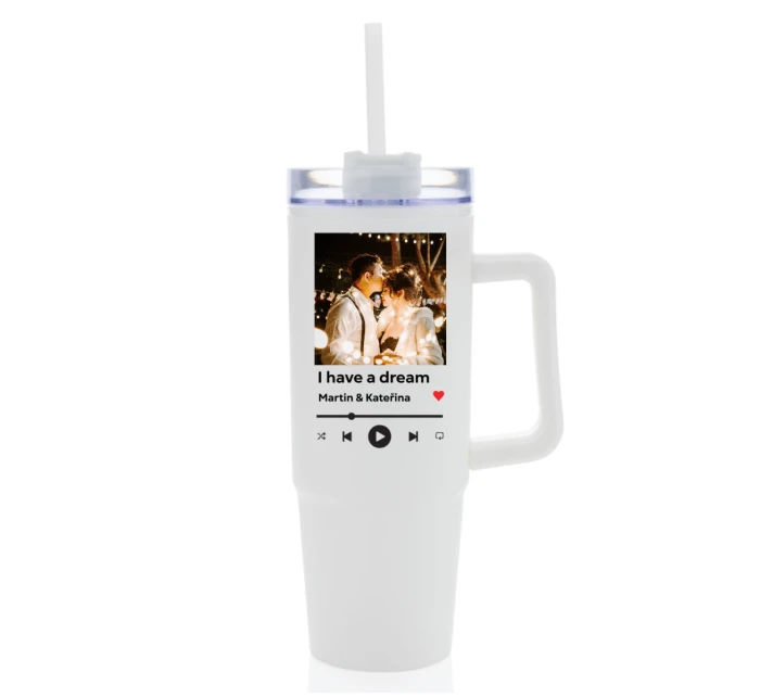 Cestovní termoska s průhledným víčkem s vlastním odkazem na oblíbenou písničku