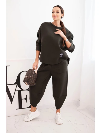 Dámský komplet teplákový z model 21489464 materiálu se širokými nohavicemi khaki - K-Fashion Dámský komplet teplákový z model 21489464 materiálu se širokými nohavicemi khaki - K-Fashion
