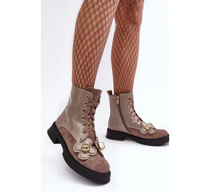 Módní dámské kotníkové boty na zip s ozdobami D&A šedohnědá Módní dámské kotníkové boty na zip s ozdobami D&A šedohnědá