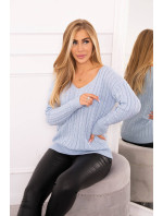 Pletený sveter s výstrihom do V modrý