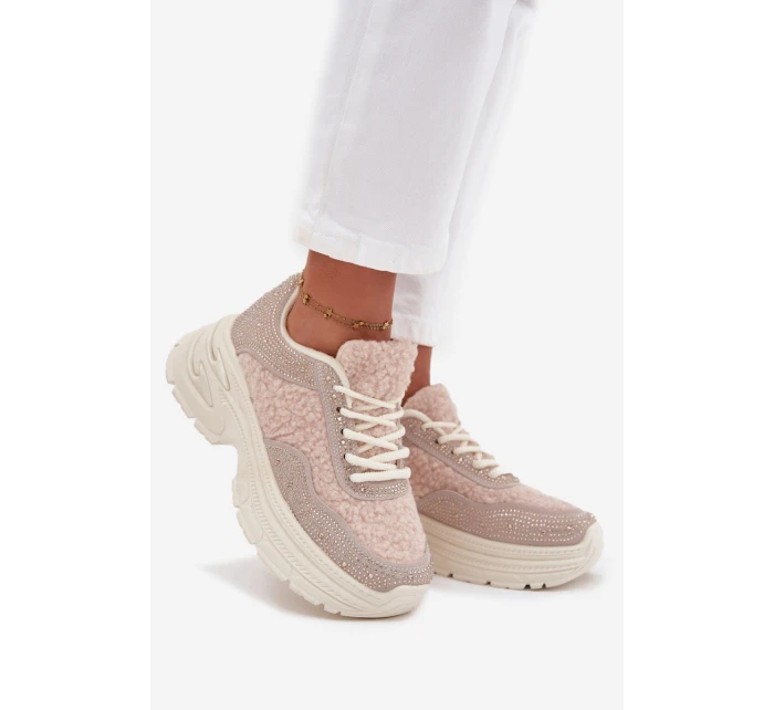 Sneakersy Damskie Z Cyrkoniami I Futerkiem Typu Baranek Jasnobeżowe Zarika Sneakersy Damskie Z Cyrkoniami I Futerkiem Typu Baranek Jasnobeżowe Zarika