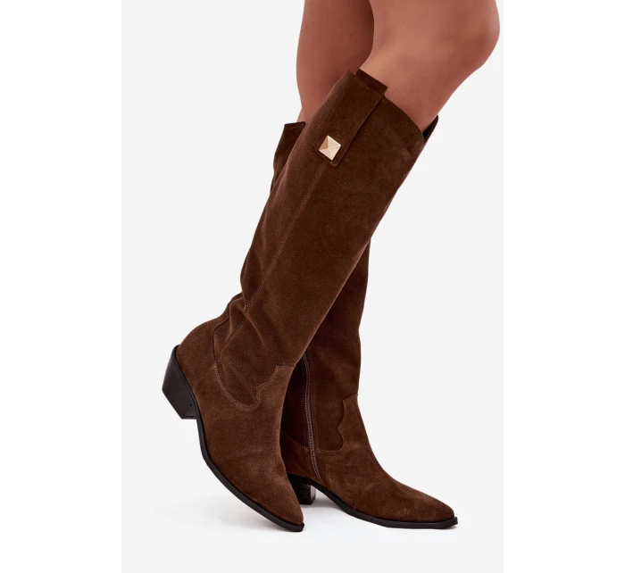 Kožené semišové kozačky cowboyové zateplené Zazoo 4224 čokoládové