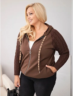 Dámská bavlněná mikina Plus Size s pletenými rukávy a kapucí hnědá