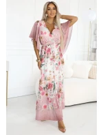 603-4 Vzdušné maxi šaty s obálkovým výstrihom a kvetinovým vzorom - PINK Roses 603-4 Vzdušné maxi šaty s obálkovým výstrihom a kvetinovým vzorom - PINK Roses