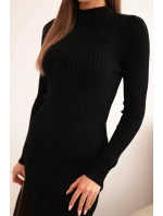 Dámske viskózové pruhované šaty s dlhými rukávmi a stojacím golierom čierne