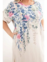 Dámske viskózové plus size šaty s krátkymi rukávmi a bočnými rozparkami béžovej farby