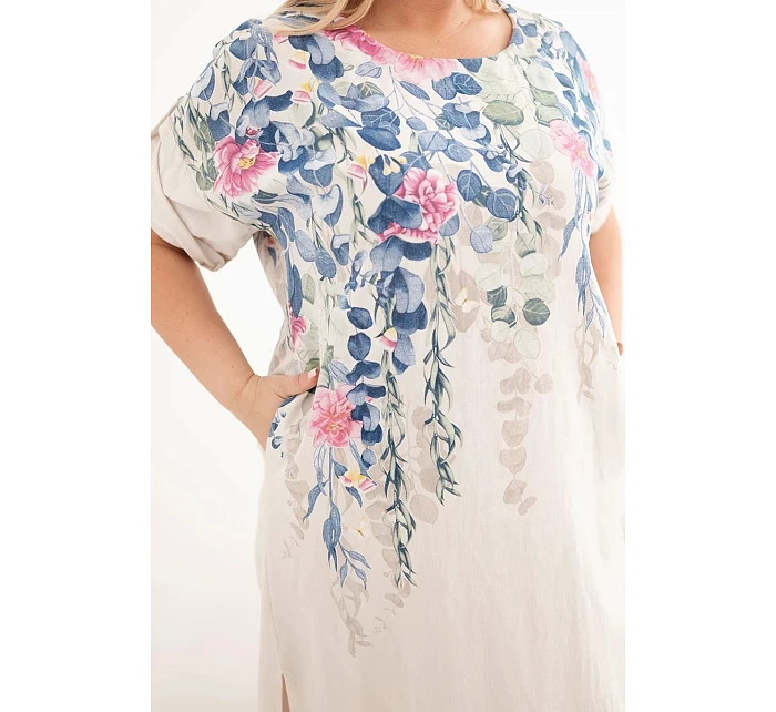 Dámske viskózové plus size šaty s krátkymi rukávmi a bočnými rozparkami béžovej farby