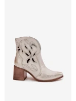 Botki Damskie Ażurowe Z Naturalnej Skóry Na Słupku Zazoo 3690 Złoty Przecierany