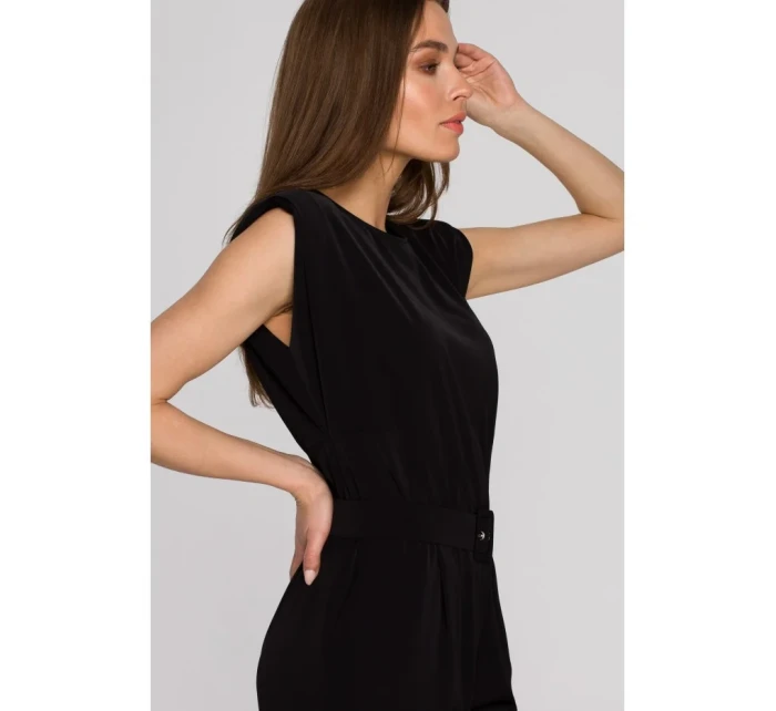 S259 Overal bez rukávov s vypchanými ramenami - čierny