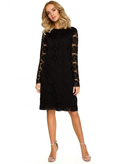 M406 krajkové šaty do áčka s dlhými rukávmi - čierne